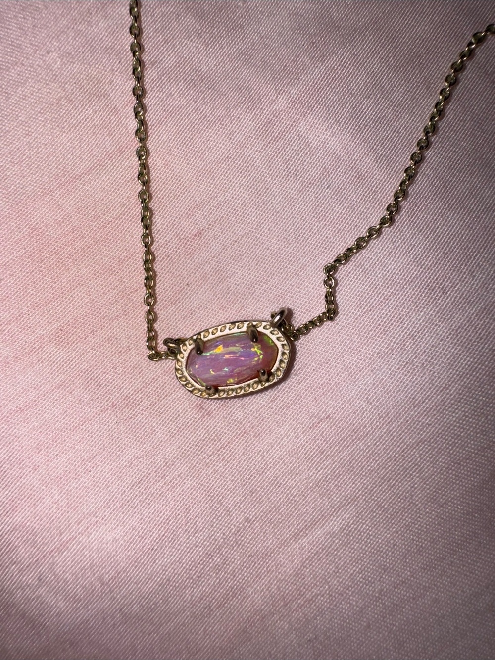 Kendra Scott Gold Necklace with Pink Iridescent Oval Stone